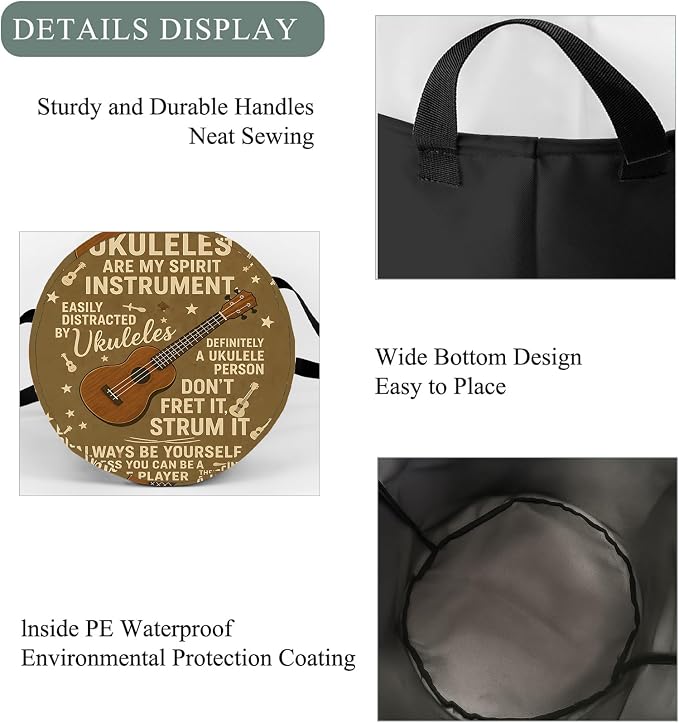 Rustic Music Ukulele Laundry Basket Hamper, Organizer Bins Gifts for Women Kids, Musical Quote Foldable Waterproof Clothes Hamper Handles Storage Bucket for Bedroom Bathroom Room Decor 19.7"x15.7"