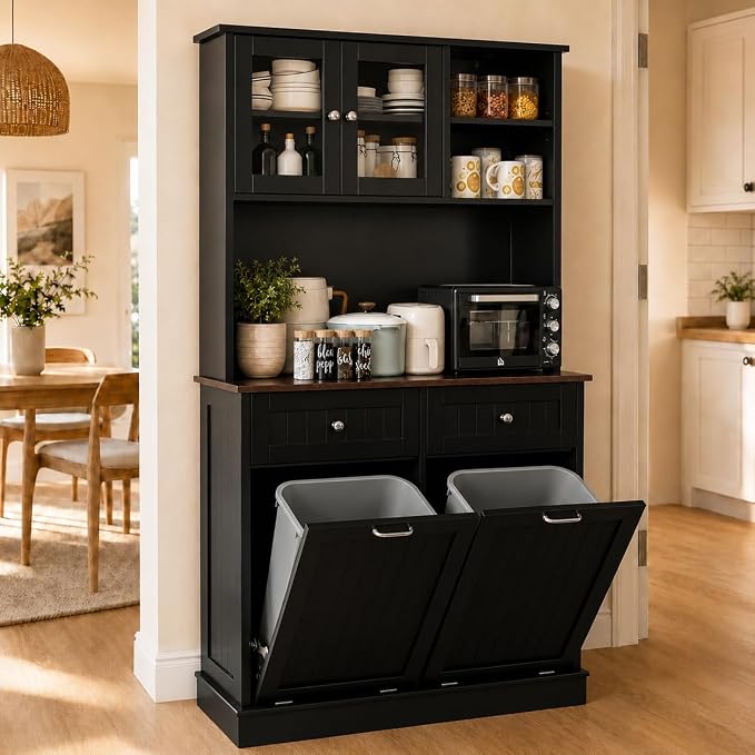 68.4" Kitchen Pantry Storage Cabinet, Freestanding Cupboard with Shelf, 2 Drawers and 2 Tilt Out Trash Cabinet, Tall Cabinets for Kitchen, Dinning Room, Living Room (Glossy Black, Double Tilt)