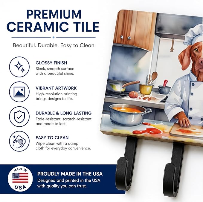 Caroline's Treasures Vizsla The Chef Leash or Key Holder Wall Hooks, Key Hooks Holder, Coat Rack Wall Mount, Coat Hooks, Hooks for Hanging Keys, Towels, Aprons, Leashes | Vizsla The Chef artwork on ceramic tile with three steel hooks for keys, leashes,...