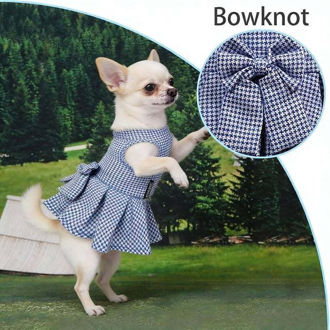 Classic Plaid Dog Dress with Bow Tie for Small Dogs Cats Girls, Cute Puppy Dresses Clothes with Bowknot Chihuahua French Bulldog Pet Apparel Outfits (Blueberry Blue, Large)