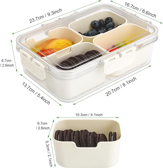 4 Compartment Snackle Box Containers with Lids, 2 Pcs Divided Serving Tray | Portable Snack Platter Fruit Veggie Tray Snackele Box Container for Charcuterie, Party, Snack, Nuts, Beach, Travel, Picnic