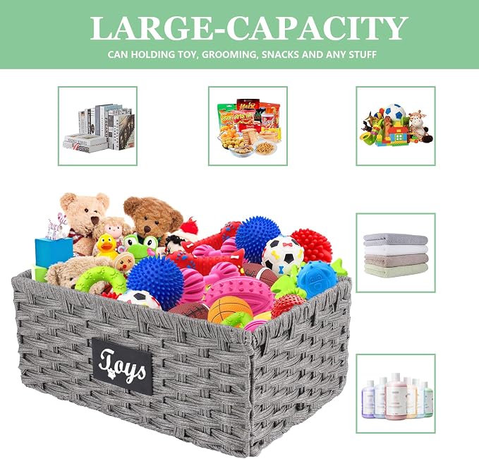 Dog Toy Basket Metal Frame Woven Rattan Foldable Bin, Dog Toy Storage Organizer for Living Room,Entryway,Toy Storage Organizer with Collapsible Rectangular Design,Pet Toy Basket for Dogs,Cats-Grey