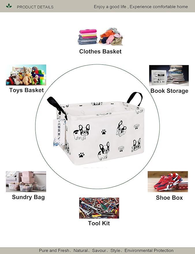 Rectangular Fabric Storage Bin, Foldable Bulldog print Basket | Damp-proof canvas with reinforced stitched handles.Great for clothes,books & sundries in closets,playrooms,laundry rooms.
