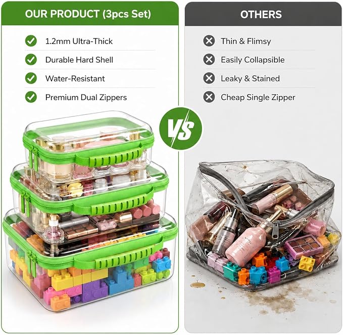 Clear Hard Shell Zipper Case 3PCS Set, 1.2mm PET Travel Organizer | Deep waterproof stackable storage pouches with handle. Heavy duty clear zipper bags for travel, makeup, toys and snacks