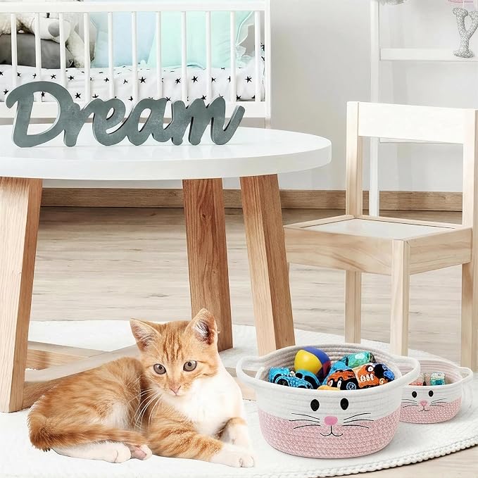 2 Pack Cat Toy Storage Baskets with Cat Design, Woven Cotton Rope Pet Toy Organizer with Handles, Foldable Baskets for Home Decor, Gift Basket for Cat Lovers, White & Pink