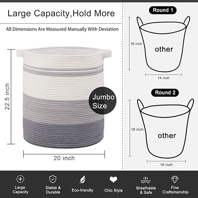 OIAHOMY 120L Laundry Basket Laundry Hamper Nursery Hamper Gradient Gray | Tall Dirty Clothes Hamper with Handle,Blanket Basket,Decorative Basket for Living Room,Storage Basket,Toy Storage