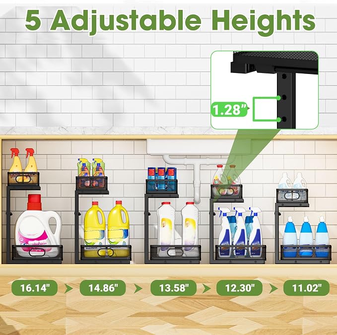 Under Sink Organizer 4-Pack, Metal 2-Tier Pull-Out Cabinet Shelf with Slide-Out Mesh Drawers, Height Adjustable, Space-Saving Storage Racks for Kitchen, Bathroom, Laundry Room