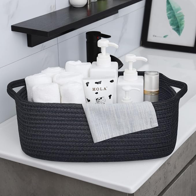 ABenkle Small Storage Basket with Handles, Cotton Rope Woven Dog Cat Toy Bin, Decorative Shelves Closet Organizing for Nursery Laundry Bedroom Bathroom, 14.2''x 11''x 5.1''