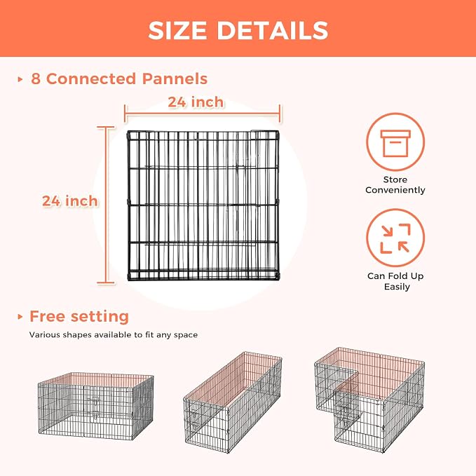 24" 8 Panels Dog Playpen - Foldable Metal Pet Exercise Pen for Puppy | Pet Dog Fence for Small Dogs Indoor/Outdoor Use Metal Playpen, Portable Fence NO Door for Yard Garden Camping, Black