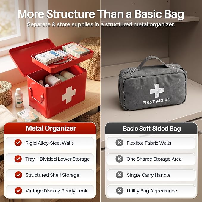 Flexzion Large Metal First Aid Box Empty, 13-Inch, Red with White Cross | Vintage Medicine Box and First Aid Storage Organizer with Removable Tray and Dividers; Empty Box Only, Supplies Not Included
