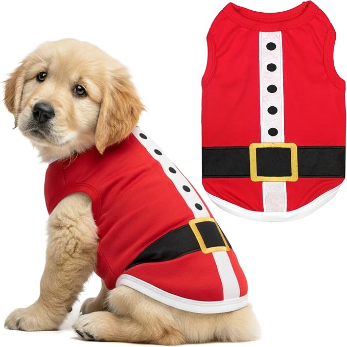 Parisian Pet Dog T-Shirt - Embroidered Santa Outfit - Lightweight Cotton Dog Christmas Outfit - Sleeveless Funny Christmas Pet Clothes - Machine Washable Shirts for Large Dogs - XXS