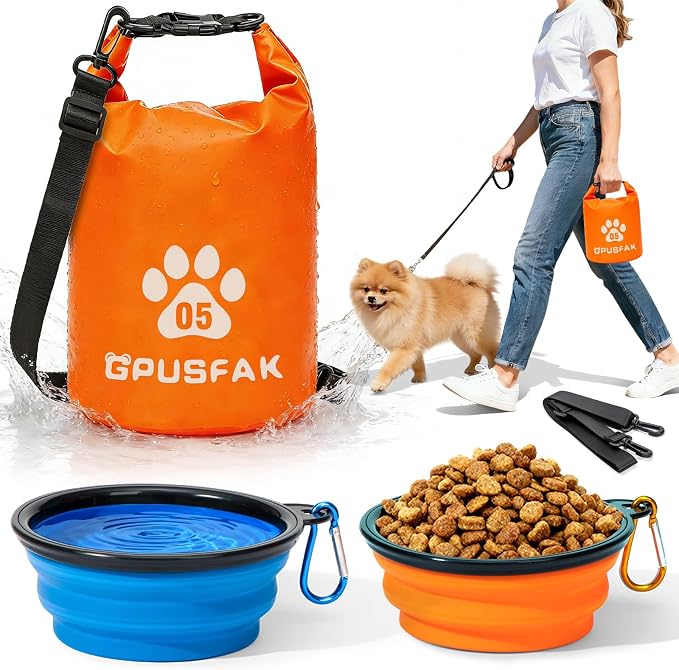 Pet Food Storage Bag with Bowl (32 Cup) - Zip Roll Top Dog Food Travel Bag Waterproof Kibble Container for Camping Road Trips Travel Dog Boarding Weekend Getaways Machine Washable 5L Orange