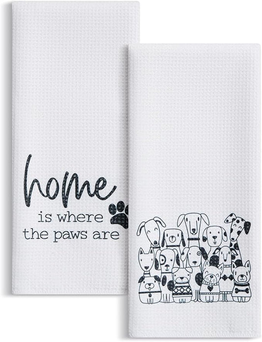 Set of 2 Waffle Weave Kitchen Towels, 380 GSM Absorbent Quick-Dry Microfiber Dish Towels, Funny Dog Tea Towels, 18 x 30 Inches, Gift for Dog Lovers, Kitchen Decor