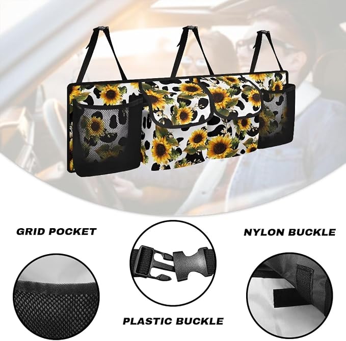 Dreaweet Sunflower Cow Print Trunk Organizer for Car Women Collapsible Car Trunk Backseat Organizer Large SUV Hanging Storage Bag with Pockets Cute Car Storage Accessories Interior