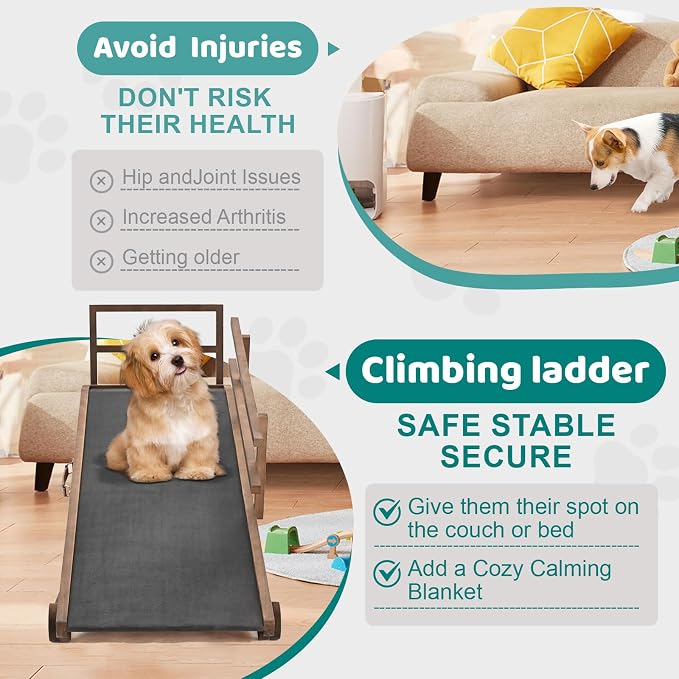 Dog Ramp for Bed & Couch, Foldable Wooden Pet Ramp, 5 Adjustable Heights | Height up to 31", Portable Dog Ramp with Non-Slip Rubber Surface & Safety Railings, Pet Ramp for Small, Large, Senior Dogs