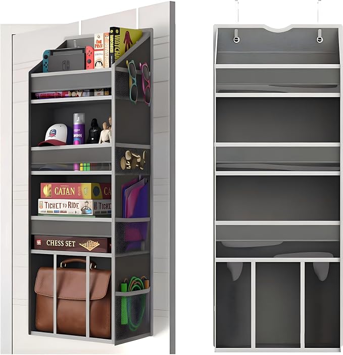 Over the Door Organizer, Compact Hanging Storage for Nursery Bathroom | 4-Tier Door Organizer with 8 Mesh Side Pockets, for Closet Bedroom Dorm Small-Space Storage, Anti Tilt Design, 35lbs Load