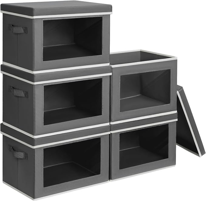 Stackable Storage Bins with Lids - Large Decorative Basket with Lids, Fabric Foldable Closet Organizer Bins, Shelf Organizer for Living Room, Dorm, 5 Pack, Dark Grey