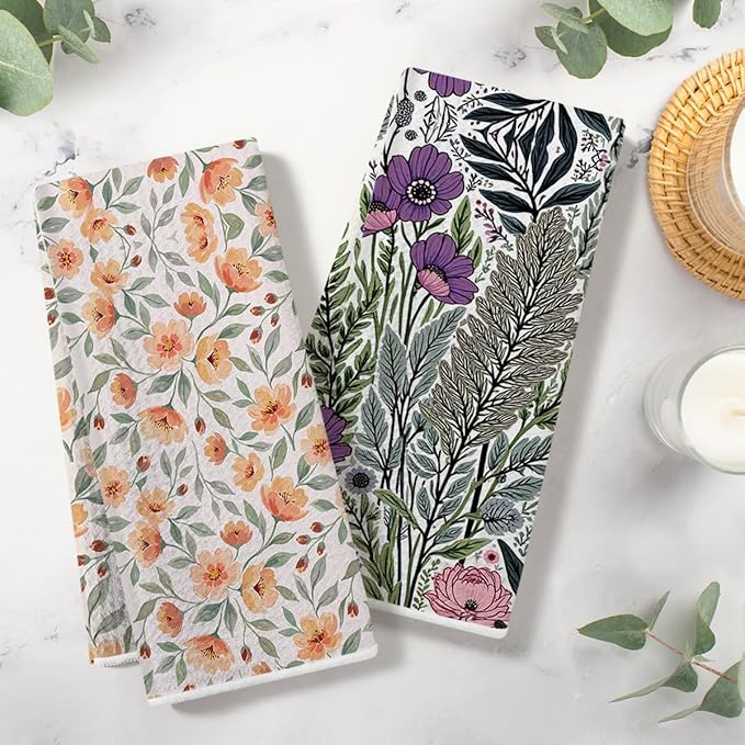 2PCS Vintage Boho Floral Kitchen Towels 14x24 Inch, Absorbent Microfiber Decorative Dish Cloth Tea Towel, Retro Colorful Flower Dish Tea Towels Drying Cloth for Kitchen, Housewarming Gifts for Women02