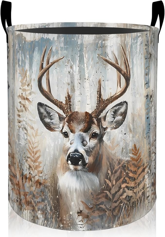 Rustic Deer Laundry Basket, Autumn Forest Birch Tree Oxford Cloth Dirty Clothes Collapsible Hamper for Room Decor, Watercolor Gifts, Toy Organizer 19.7 x 15.7 Inches for Bedroom Bathroom Dorm