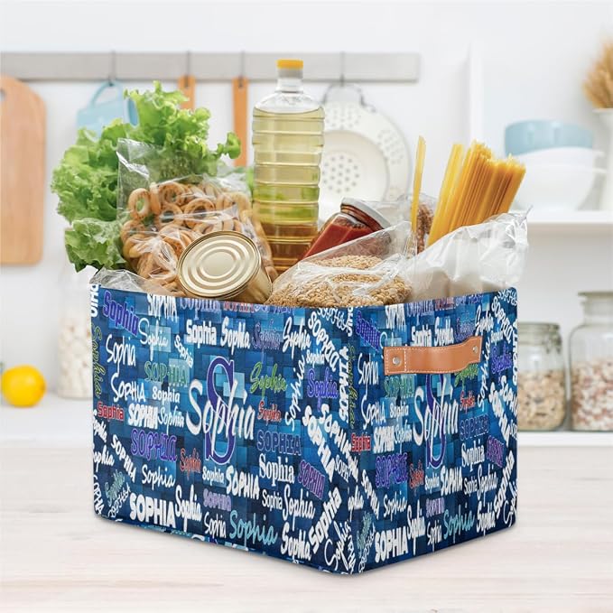 Custom Storage Baskets Name, Personalized Storage Bins Basket Boxes PU Leather Handles for Clothes Bedroom Closet Organizing Toys Books Shelves, Blue Geometric Pattern Background