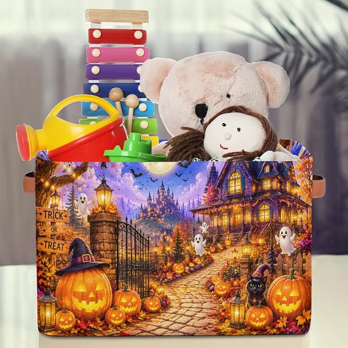 Halloween Basket Storage Bins Rectangle Canvas Basket Cube Storage Box | Nursery Foldable Basket with Handle for Kids Girls Boys Toys Living Room Closet Organizer Shelf Gifts Spooky Night Pumpkin