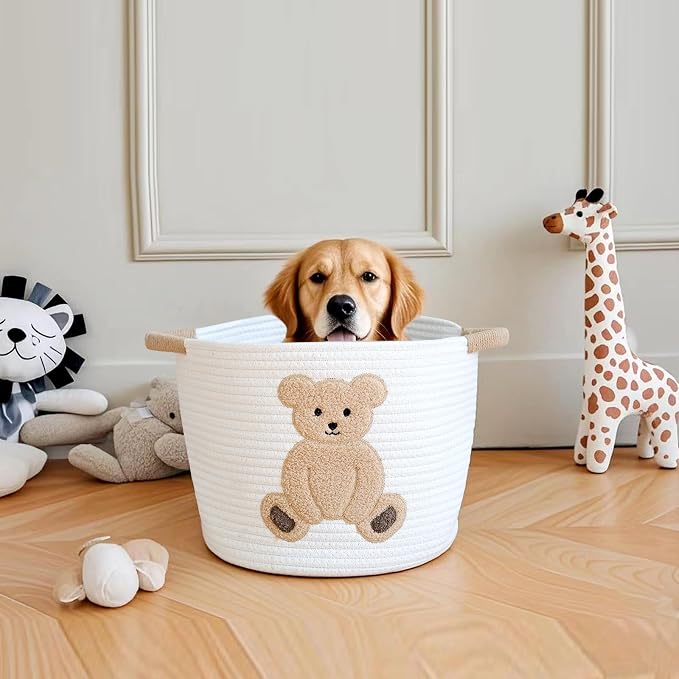 Cotton Rope Basket Toy Storage Baskets for kids Laundry Hamper, Gift Basket Empty Baby Shower Baskets with Handles, Cute Bins Blanket Stuffed Animal Storage for Nursery, Living Room Decor, Bear