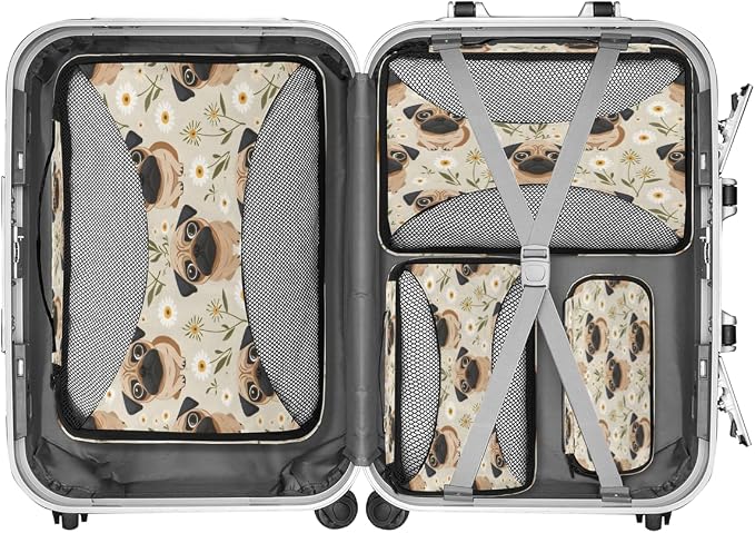 Pug Dog 4 Set Travel Packing Cubes for Accessories, Suitcase Organizers Luggage Bags Set with Double Zippers & Mesh Top