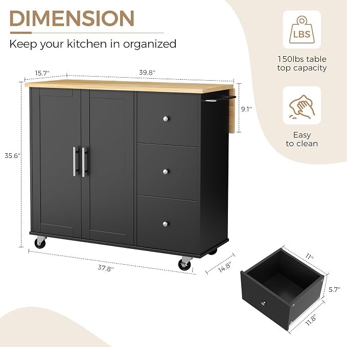 QAQA 40" Kitchen Island Cart Furniture cart on Wheels Rolling Portable Dining Room Serving Utility Carts Mobile Movable with Drawers Cabinet,Black