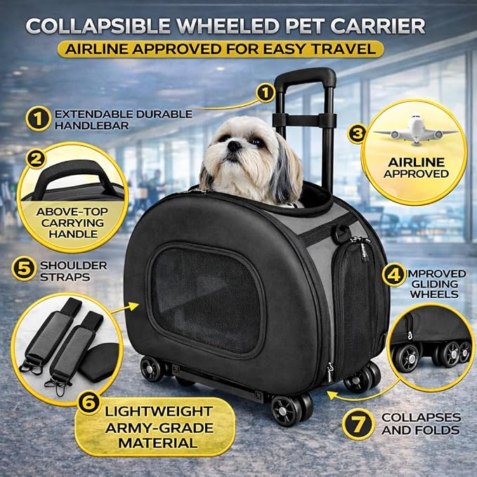Pet Life ® 'Final Destination' Military-Grade Hardshell and Light 2-in-1 Wheeled or Carrying Travel Airline Cat and Dog Carrier Crate or Portable Pet Kennel