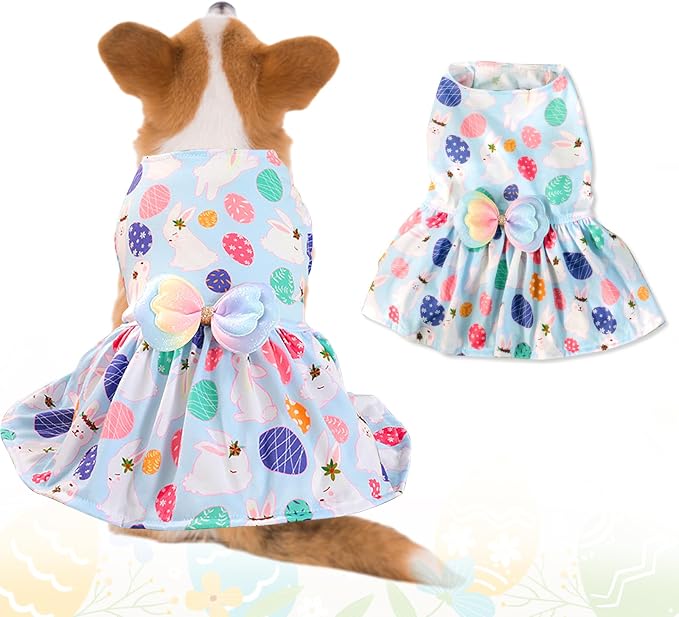 Easter Dog Costume Dress for Pets, Easter Bunny Pet Outfit Dogs Bow Clothes,Light Blue Puppy Skirt, Spring Dog Dress，Size M (17.6-19.8 lbs)
