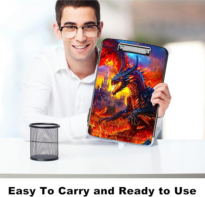 Castle Flaming Dragon A4 Clipboard with Storage Pen Holder, Clipboards Organizer Nursing Clipboard Foldable File Folder Plastic Clipboard Folio Clip Board for Office Students Classroom