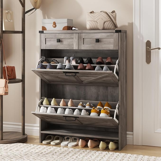 Halitaa Shoe Cabinet with 2 Flip Drawers & 2 Drawers,Farmhouse Shoe Storage Cabinet for Entryway,Slim Freestanding Narrow Organizer Rack for Front Door Entrance,Grey