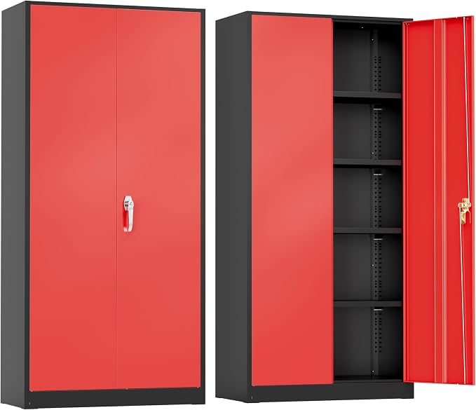 Greenvelly Metal Storage Cabinet with Doors and Shelves, 72" Inch Locking Metal Cabinet,Garage Storage Cabinet for Garage Office School Warehouse (Black Red)