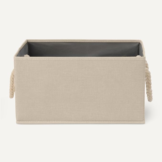 Amazon Basics Foldable Storage Bins with Rope Handles, Closet Organizers, Large, Linen, 3-Pack