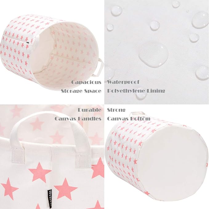 Sea Team Large Canvas Laundry Basket with Handles, Pink Stars | Collapsible Fabric Laundry Hamper, Closet Shelf Organizers, Containers for Clothing, Blankets, Toys, Bedding, 19.7 x 15.7”