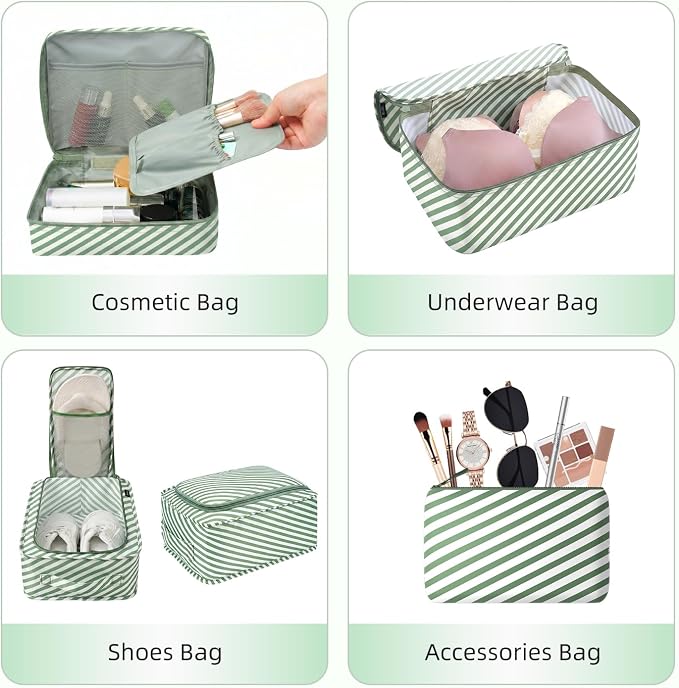 BAGAIL 8 Set Packing Cubes Luggage Packing Organizers for Travel Accessories-White and Matcha Stripe
