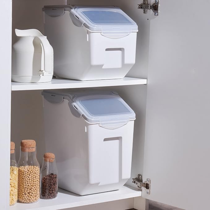 15 Liter / 30 lbs Rice Storage Container with Measuring Cup, BPA free, For Rice | Grain | Pet Food | Flour, 1 count, White & Gray