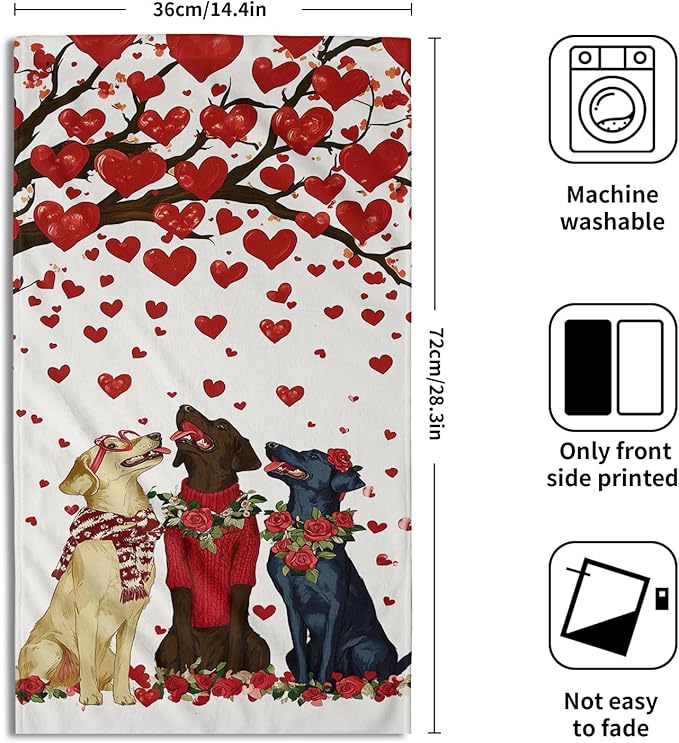 Giwawa Love Dog Towels Set of 2, Romantic Red Hearts Tree Rose Floral Decorative Hand Towels, Funny Puppy Soft Microfiber Face Towel Washcloth for Bathroom Guest Hotel Gym Spa