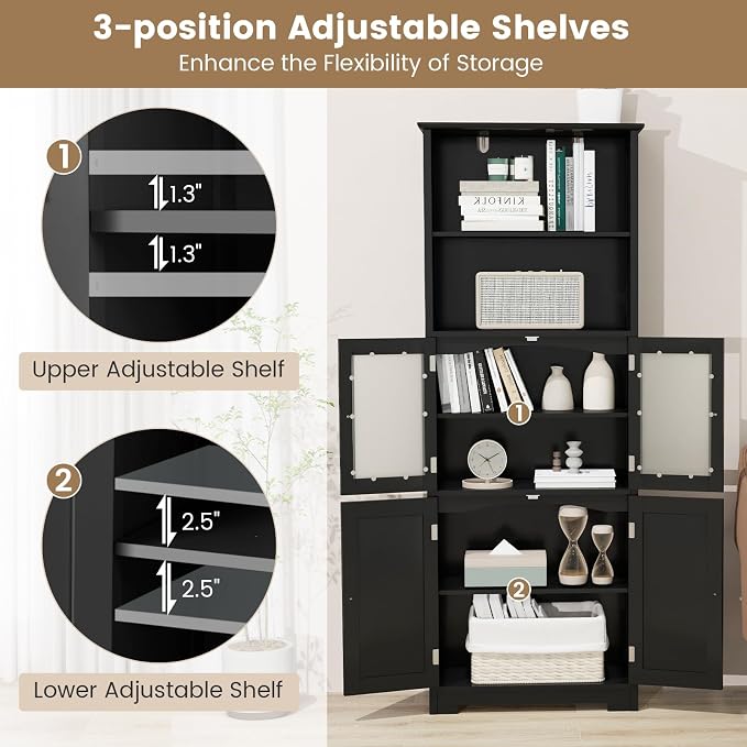 LOKO Tall Bathroom Cabinet, Modern Storage Organizer with Doors & Open Shelves, Wooden Floor Cabinet with Adjustable Shelves for Bathroom, Living Room or Kitchen (Black)