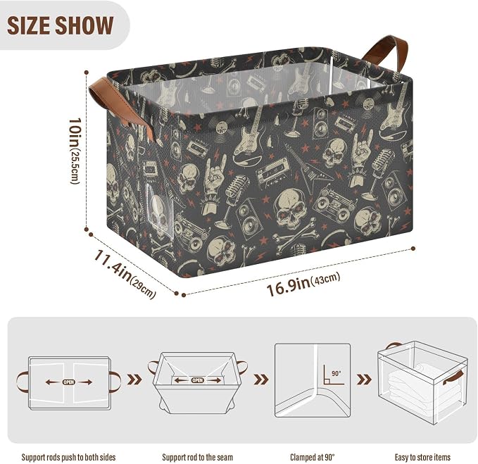 Bass Metal Music Rock and Roll Skull Gesture Black Red Storage Bins for Shelves with Labels&Handles Fabric Organizer Bin Foldable Rectangle Storage Basket Boxes for Closet, Bathroom, Home, Living Room