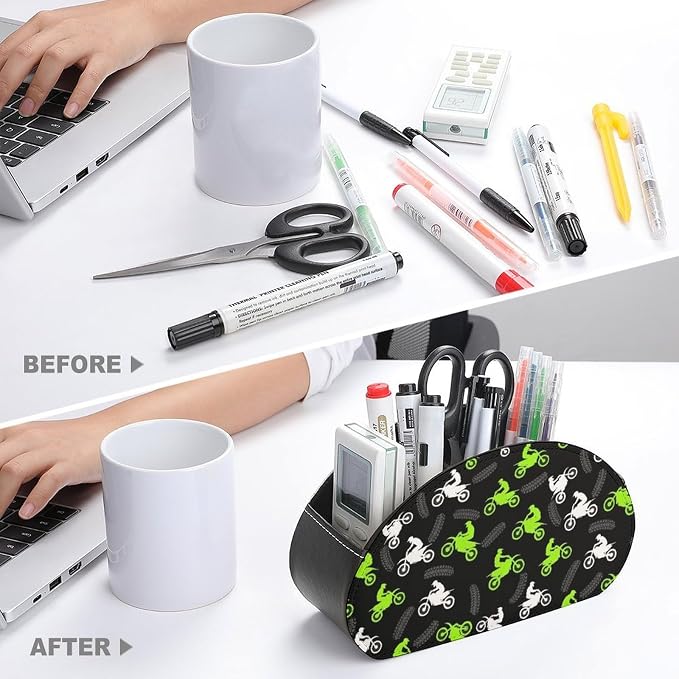 TV Remote Control Holders Dirt Bike Motorcycle Office Desktop Storage Cup | 5 Compartments, Pu Leather, Dirt Bike Motorcycle, Media Controllers Supplies Makeup Brush