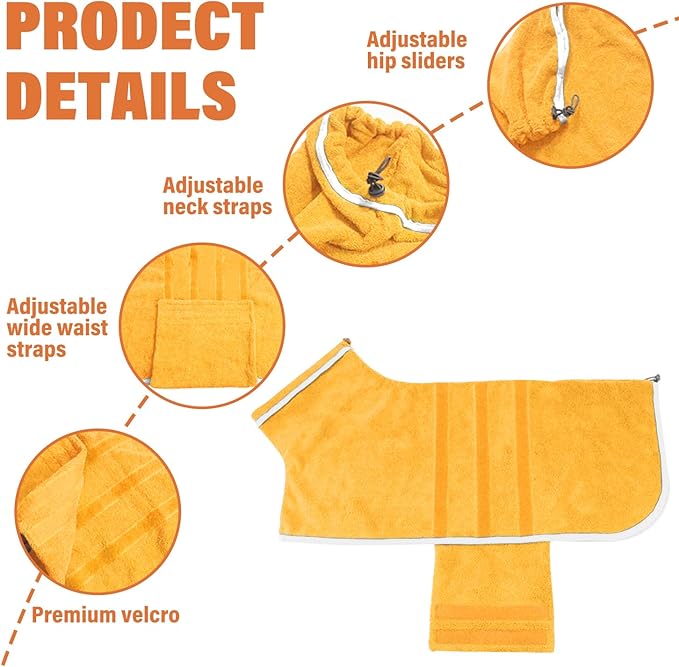 Dog Robe - Fast Drying Towel - Microfiber Super Absorbent Pet Bathrobe, Adjustable Collar & Belly Strap (Yellow, Large)