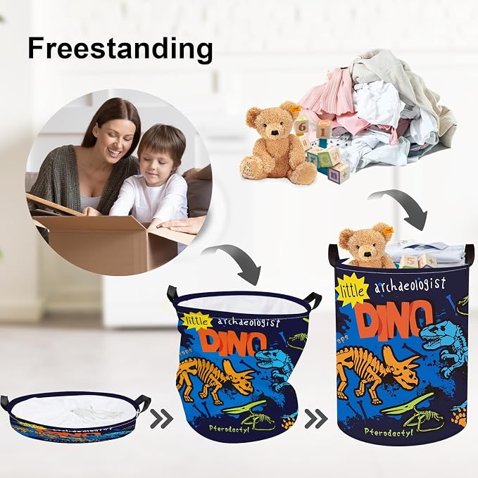 Clastyle Large Boho Dinosaur Pterosaur Boy Book Toy Storage Basket for Kid | Dino Skeleton Dirty Clothes Laundry Hamper, Colorful 45L Waterproof Nursery Playroom Bedroom Bathroom Shelf, Blue Dragon