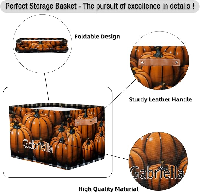 Personalized Storage Bins for Boys, Customized Name Orange Pumpkins Black White Plaid Storage Basket Rectangle Clothes Organizer for Organizing Kids and Pets Toys Shelf Closet