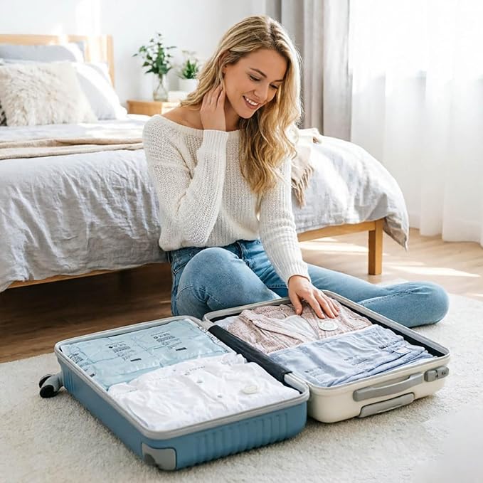 4pcs No-Pump Vacuum Storage Bags for Bedding Dorm Under Bed (L) | Space Saver up to 80%, Puncture-Resistant Film, Standing Cube Compression Design, Travel & Home Use, Manual
