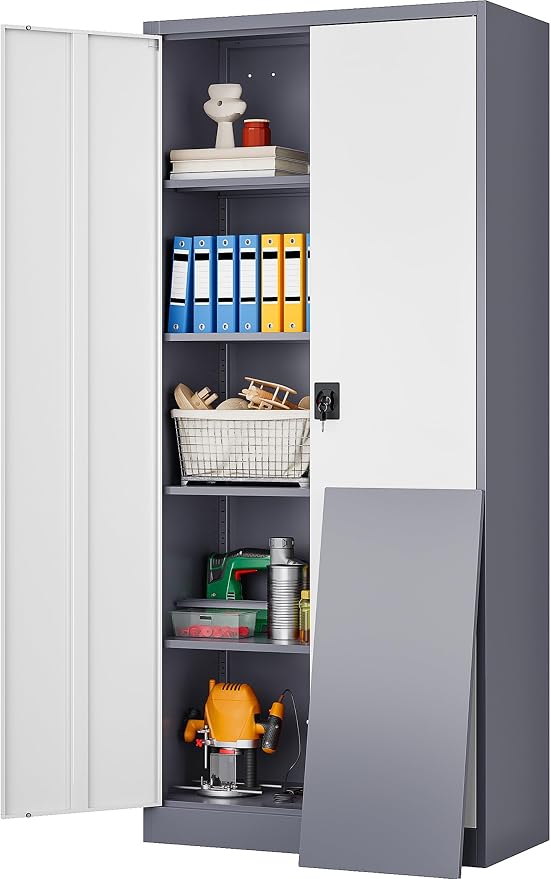 Wide & Deep Metal Storage Cabinet with Shelves,72 inch Tall Garage Storage Cabinet with Lock,Gray White Metal Cabinets with Locking Doors,Large Steel Lockable Cabinets for Home,Office,Shop,Garage