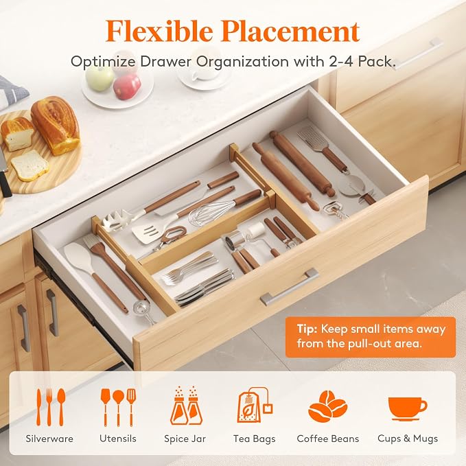 Lifewit 2.4" Kitchen Drawer Dividers, Adjustable Bamboo Drawer Organizers | 6 Pack 13"-16.5" Expandable Drawer Separator for Clothes, Utensils, Dresser, Cabinet, Closet, Nursery Organization & Storage