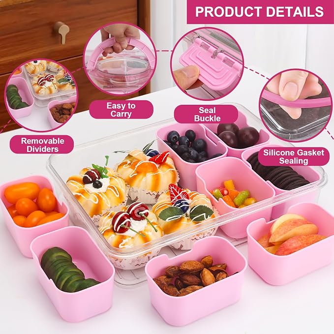Snackle Box Snack Container Tray with Lid, Divided Serving Tray with Handle | Portable Snack Platter Fruit Veggie Trays Snackele Box Containers for Charcuterie, Party, Snack, Nuts, Beach, Travel, Picnic
