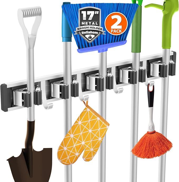 reliahom Broom Holder Wall Mount Mop Hanger Tools organizer 5Racks4Hooks,2P | Adjustable Mop Broom Wall Hanging Heavy Duty Tools Storage Rack Space-saving for Garage,Kitchen,Laundry Room,Garden, Black