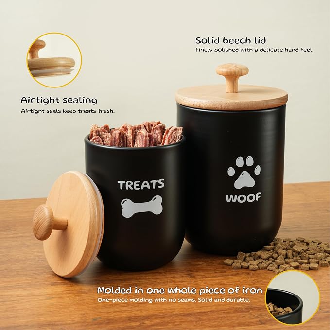 Dog Treat Container Set of 2, Dog treat jar with Airtight Lid, Small dog food container, Dog Cookie Jar for kitchen Counter, Treats Canister, Pet Treat Container 8.3x4.9 & 7.1x4.3 (Black)